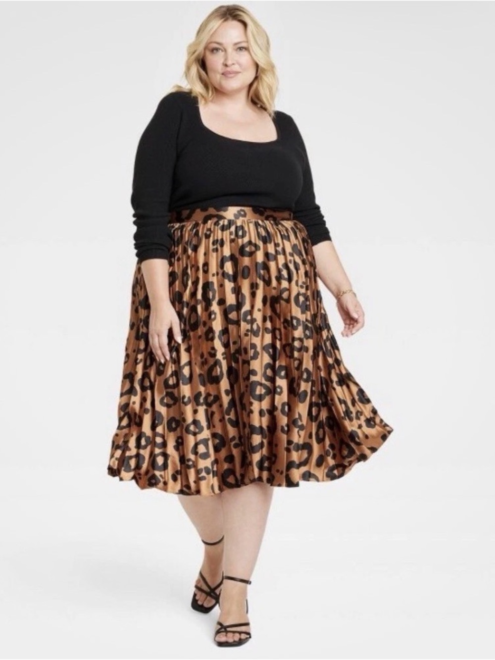 Ava & Viv Satin Leopard Pleated Midi Skirt XXL Statement Chic - Picture 2 of 4